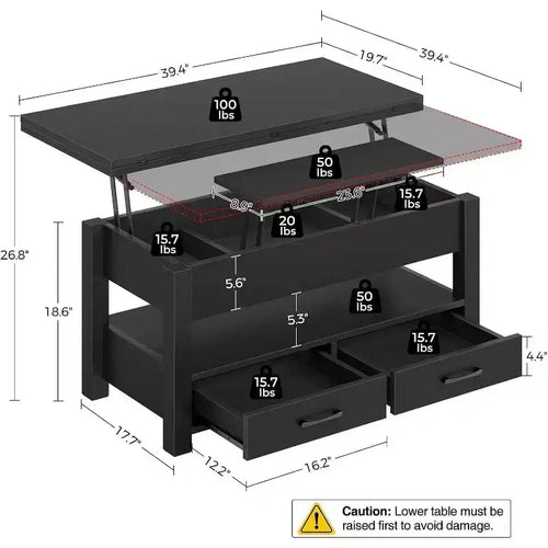 Tavolino da caffè sollevabile sdoppiabile da 100 cm con 2 cassetti, trasformabile in tavolo da pranzo, tavolo centrale moderno e industriale per soggiorno e ufficio