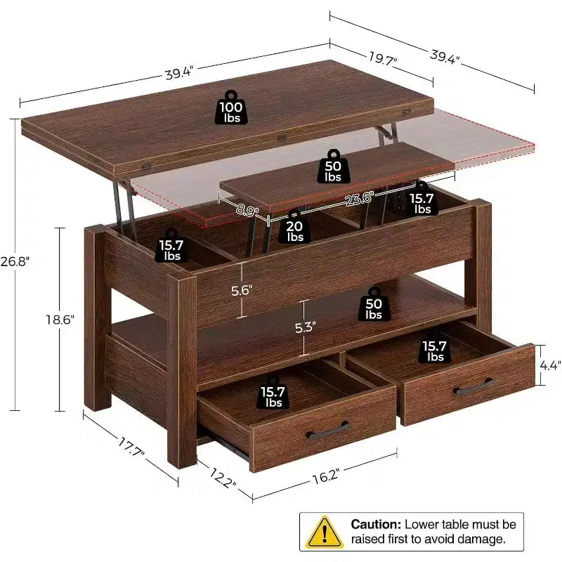 Tavolino da caffè sollevabile sdoppiabile da 100 cm con 2 cassetti, trasformabile in tavolo da pranzo, tavolo centrale moderno e industriale per soggiorno e ufficio