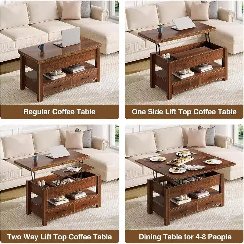 Tavolino da caffè sollevabile sdoppiabile da 100 cm con 2 cassetti, trasformabile in tavolo da pranzo, tavolo centrale moderno e industriale per soggiorno e ufficio
