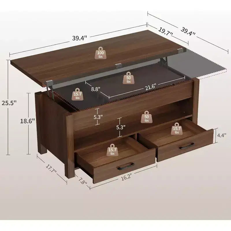 Tavolino da caffè sollevabile sdoppiabile da 100 cm con 2 cassetti, trasformabile in tavolo da pranzo, tavolo centrale moderno e industriale per soggiorno e ufficio