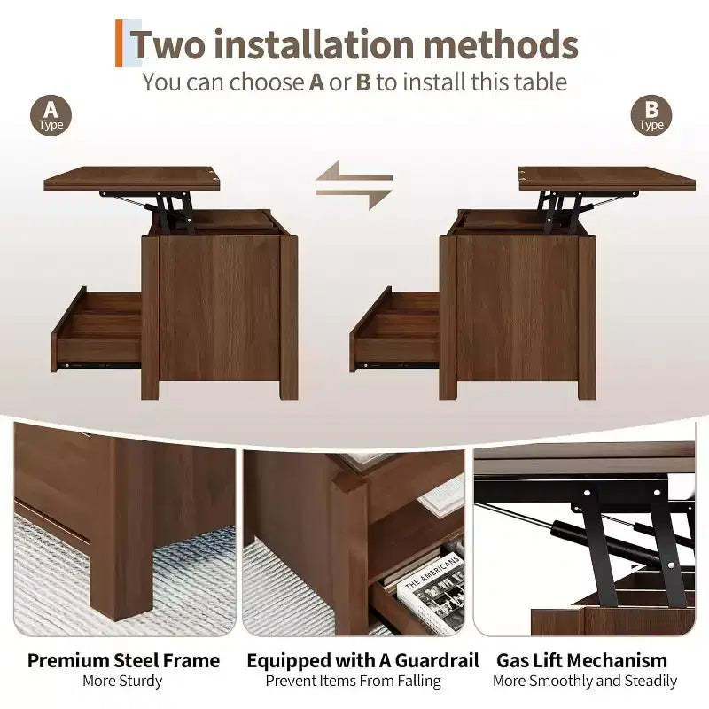 Tavolino da caffè sollevabile sdoppiabile da 100 cm con 2 cassetti, trasformabile in tavolo da pranzo, tavolo centrale moderno e industriale per soggiorno e ufficio