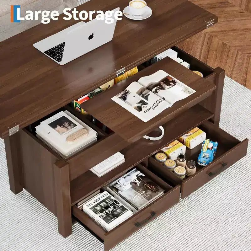Tavolino da caffè sollevabile sdoppiabile da 100 cm con 2 cassetti, trasformabile in tavolo da pranzo, tavolo centrale moderno e industriale per soggiorno e ufficio
