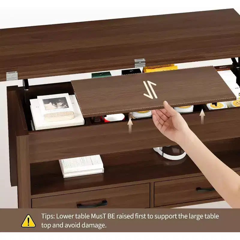 Tavolino da caffè sollevabile sdoppiabile da 100 cm con 2 cassetti, trasformabile in tavolo da pranzo, tavolo centrale moderno e industriale per soggiorno e ufficio