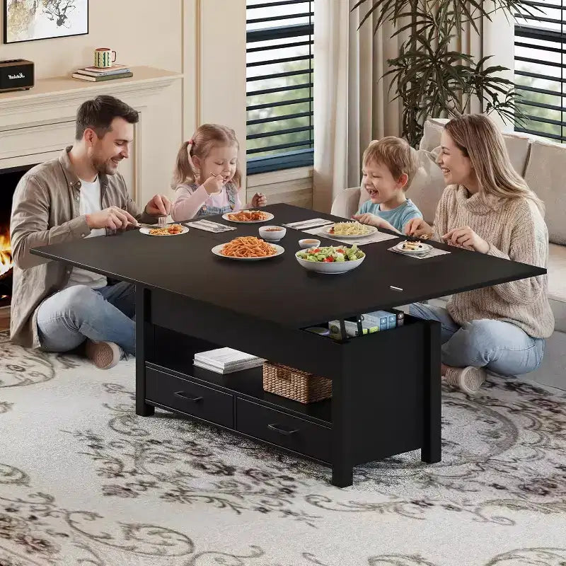 Tavolino da caffè sollevabile sdoppiabile da 100 cm con 2 cassetti, trasformabile in tavolo da pranzo, tavolo centrale moderno e industriale per soggiorno e ufficio