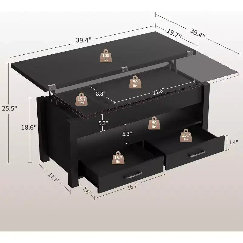 Tavolino da caffè sollevabile sdoppiabile da 100 cm con 2 cassetti, trasformabile in tavolo da pranzo, tavolo centrale moderno e industriale per soggiorno e ufficio