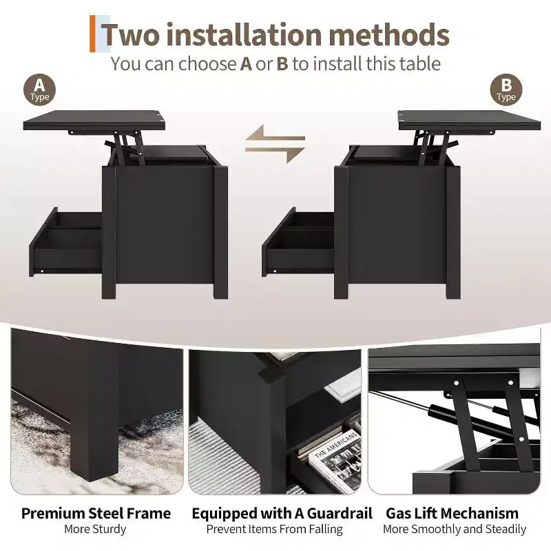 Tavolino da caffè sollevabile sdoppiabile da 100 cm con 2 cassetti, trasformabile in tavolo da pranzo, tavolo centrale moderno e industriale per soggiorno e ufficio