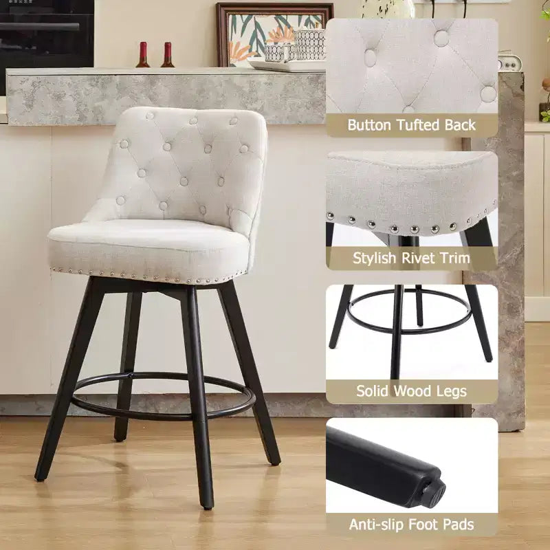 Sgabelli da bar, set di 4 sgabelli da bar girevoli ad altezza bancone 66 cm con schienale, gambe in legno, rivestimento in lino beige