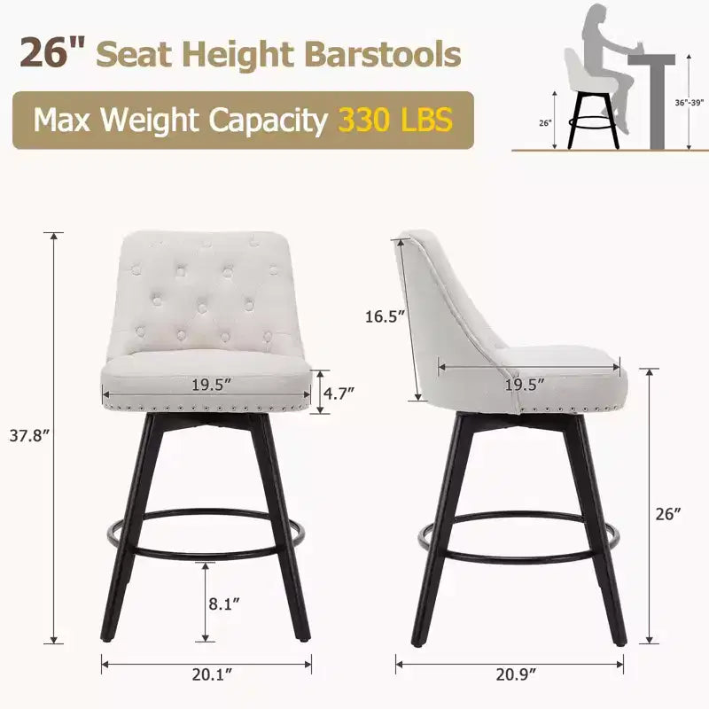 Sgabelli da bar, set di 4 sgabelli da bar girevoli ad altezza bancone 66 cm con schienale, gambe in legno, rivestimento in lino beige