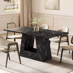 Tavolo da Pranzo Lantine da 160 cm per 4-6 Persone, Tavolo da Pranzo con Base a Piedistallo a Triangolo in Legno per Cucina, Soggiorno, Marmo Finto Nero