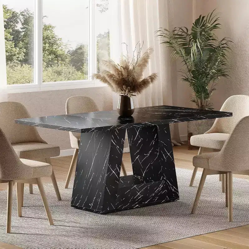 Tavolo da Pranzo Lantine da 160 cm per 4-6 Persone, Tavolo da Pranzo con Base a Piedistallo a Triangolo in Legno per Cucina, Soggiorno, Marmo Finto Nero