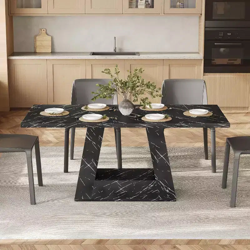 Tavolo da Pranzo Lantine da 160 cm per 4-6 Persone, Tavolo da Pranzo con Base a Piedistallo a Triangolo in Legno per Cucina, Soggiorno, Marmo Finto Nero