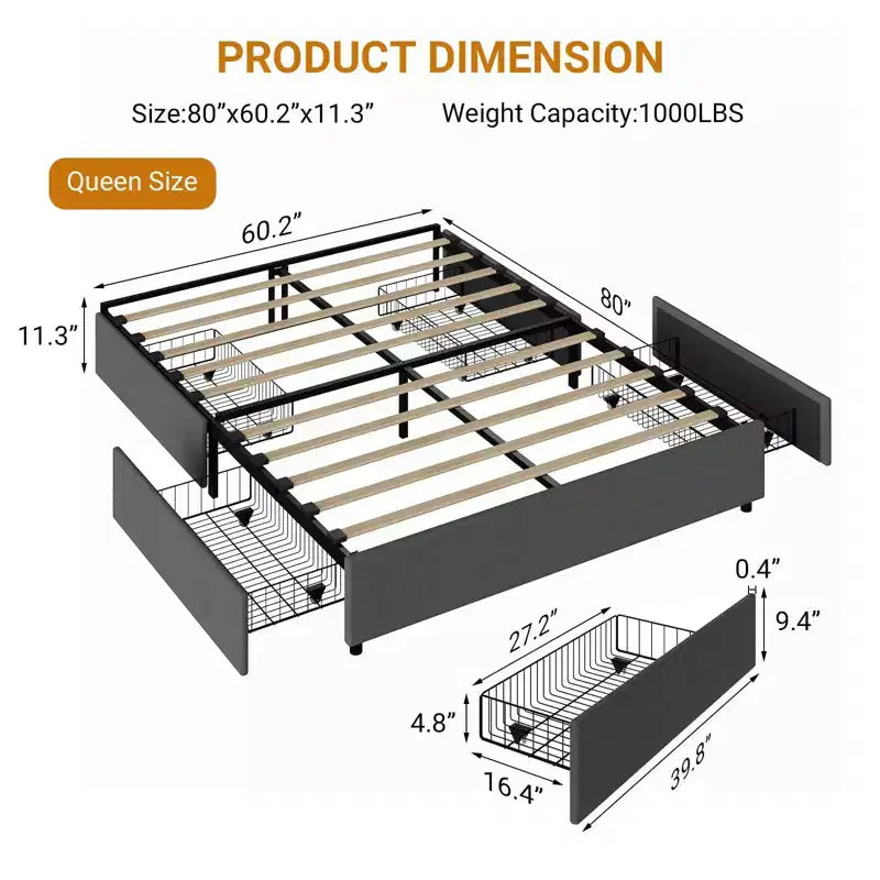 Struttura letto king size Coolmee con 4 cassetti contenitore, letto a piattaforma king con rivestimento in tessuto di lino e supporto a doghe in legno, non è necessaria la rete a molle
