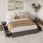Struttura letto king size Coolmee con 4 cassetti contenitore, letto a piattaforma king con rivestimento in tessuto di lino e supporto a doghe in legno, non è necessaria la rete a molle