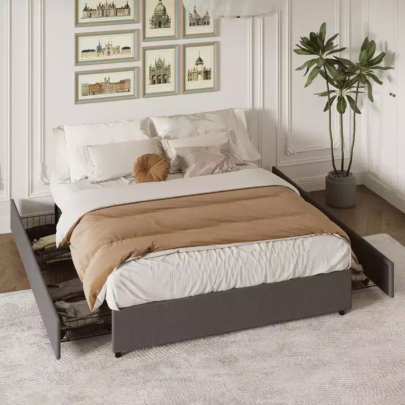 Struttura letto king size Coolmee con 4 cassetti contenitore, letto a piattaforma king con rivestimento in tessuto di lino e supporto a doghe in legno, non è necessaria la rete a molle