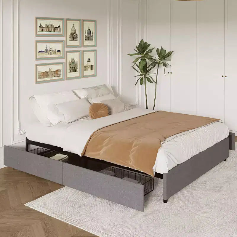 Struttura letto king size Coolmee con 4 cassetti contenitore, letto a piattaforma king con rivestimento in tessuto di lino e supporto a doghe in legno, non è necessaria la rete a molle