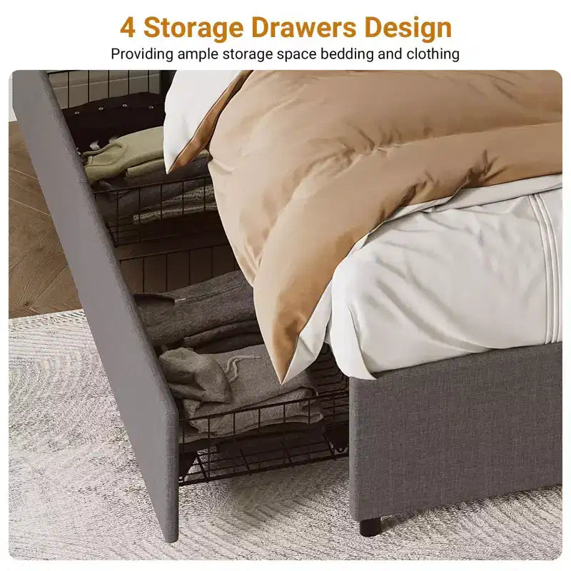 Struttura letto king size Coolmee con 4 cassetti contenitore, letto a piattaforma king con rivestimento in tessuto di lino e supporto a doghe in legno, non è necessaria la rete a molle
