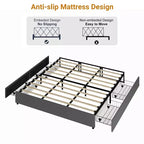 Struttura letto king size Coolmee con 4 cassetti contenitore, letto a piattaforma king con rivestimento in tessuto di lino e supporto a doghe in legno, non è necessaria la rete a molle