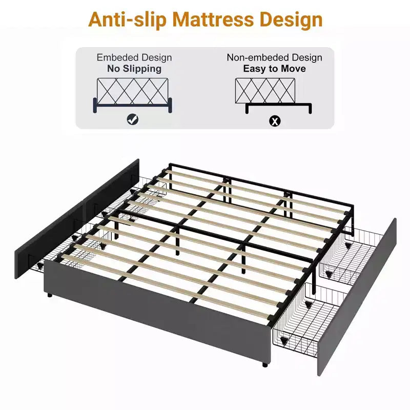 Struttura letto king size Coolmee con 4 cassetti contenitore, letto a piattaforma king con rivestimento in tessuto di lino e supporto a doghe in legno, non è necessaria la rete a molle