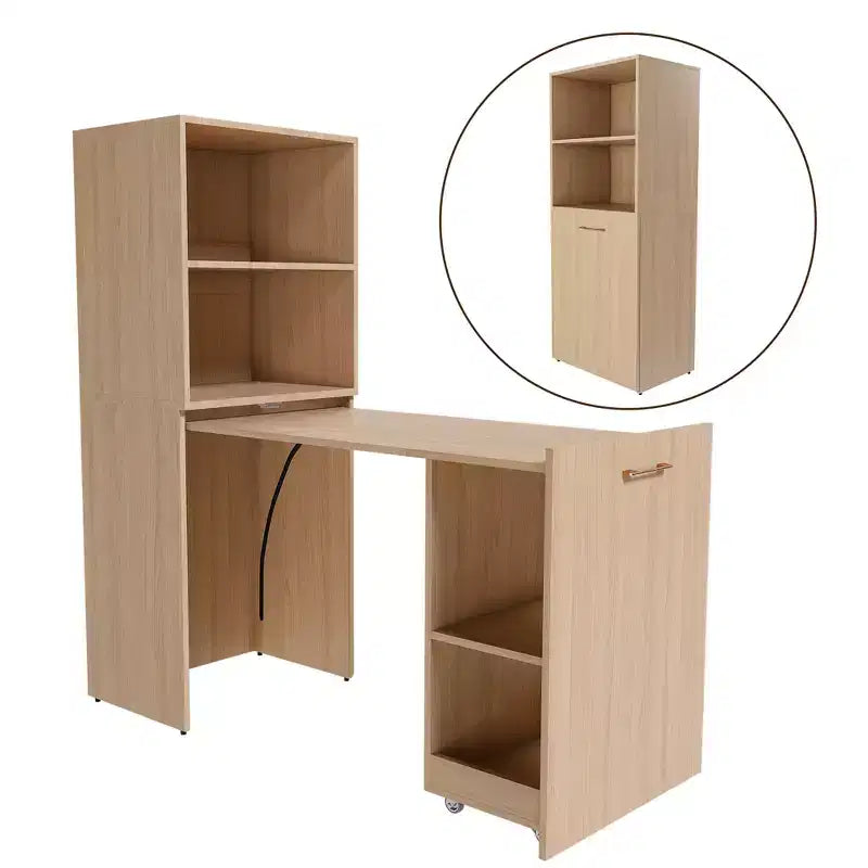 Scrivania allungabile con mensole portaoggetti e rotelle, design pieghevole per piccoli spazi e uffici (Burlywood)