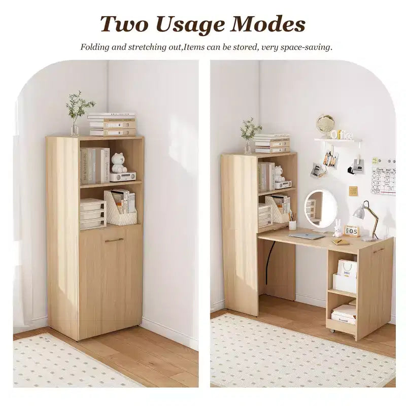 Scrivania allungabile con mensole portaoggetti e rotelle, design pieghevole per piccoli spazi e uffici (Burlywood)