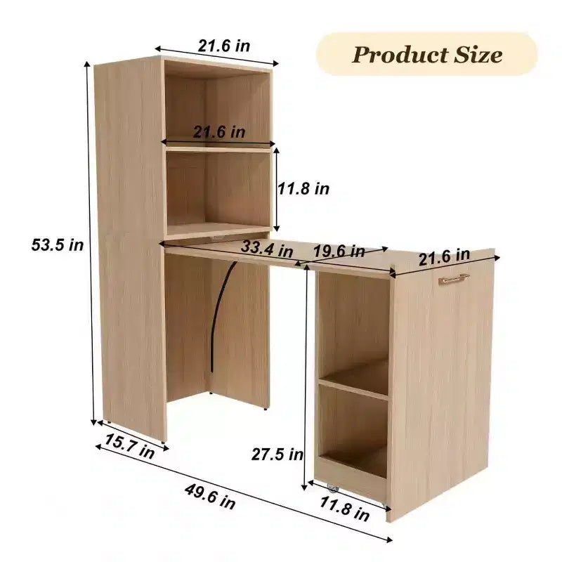 Scrivania allungabile con mensole portaoggetti e rotelle, design pieghevole per piccoli spazi e uffici (Burlywood)
