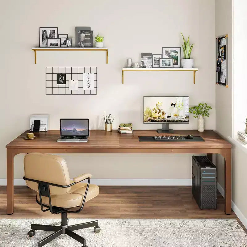 Lantine Scrivania extra lunga per computer da 200 cm, postazione di lavoro doppia per 2 persone per ufficio domestico, marrone caffè