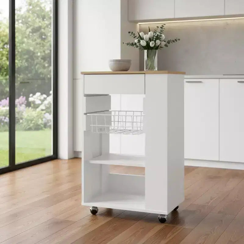 Carrello da cucina HomeRoots bianco e marrone da 22 con rotelle e contenitore