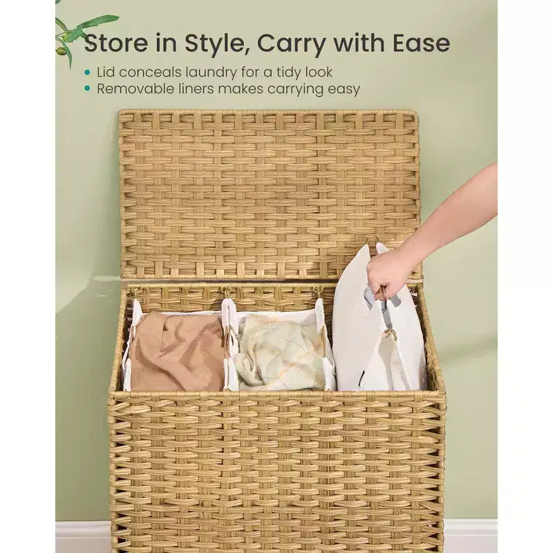 SONGMICS Cesto Portabiancheria con Coperchio, Cesto Portabiancheria in PE Rattan con Fodera Rimovibile, Contenitore, Scomparti per il Lavaggio a 3 Sezioni, 160 L