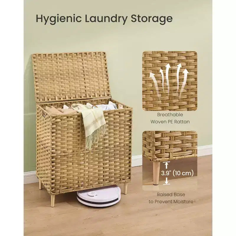 SONGMICS Cesto Portabiancheria con Coperchio, Cesto Portabiancheria in PE Rattan con Fodera Rimovibile, Contenitore, Scomparti per il Lavaggio a 3 Sezioni, 160 L
