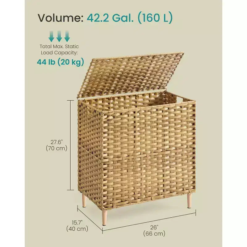 SONGMICS Cesto Portabiancheria con Coperchio, Cesto Portabiancheria in PE Rattan con Fodera Rimovibile, Contenitore, Scomparti per il Lavaggio a 3 Sezioni, 160 L