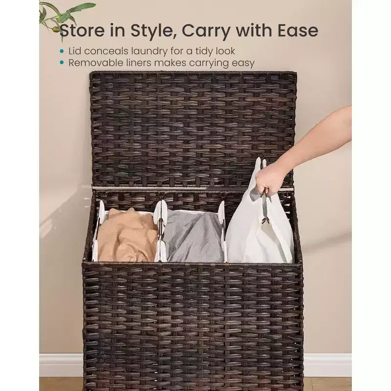 SONGMICS Cesto Portabiancheria con Coperchio, Cesto Portabiancheria in PE Rattan con Fodera Rimovibile, Contenitore, Scomparti per il Lavaggio a 3 Sezioni, 160 L
