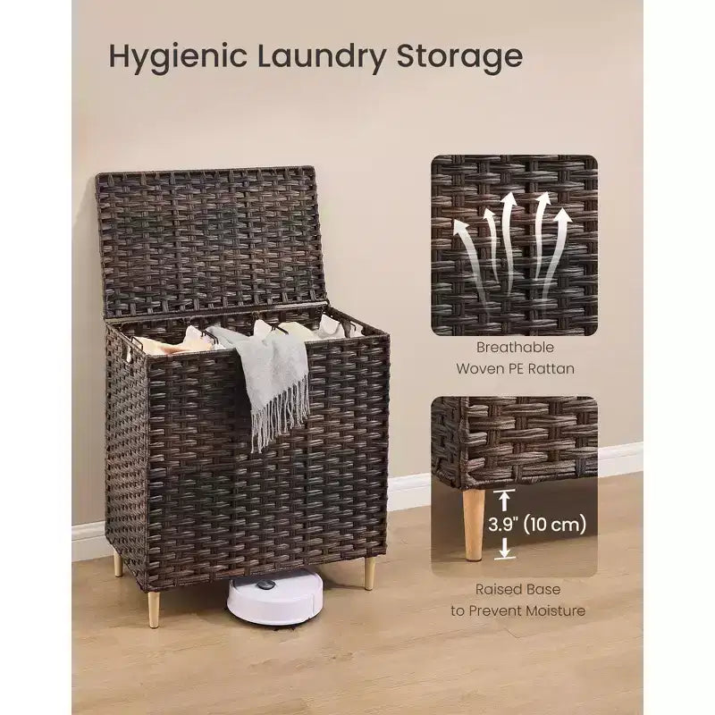 SONGMICS Cesto Portabiancheria con Coperchio, Cesto Portabiancheria in PE Rattan con Fodera Rimovibile, Contenitore, Scomparti per il Lavaggio a 3 Sezioni, 160 L