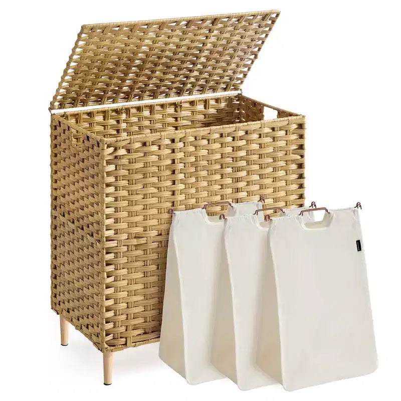 SONGMICS Cesto Portabiancheria con Coperchio, Cesto Portabiancheria in PE Rattan con Fodera Rimovibile, Contenitore, Scomparti per il Lavaggio a 3 Sezioni, 160 L
