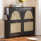 JVNOXK Mid-Century Narrow Shoe Cabinet with 4 Flip Drawers Rattan Doors, Tipping Bucket Shoe Organizer with 2 Hooks for Entryway Hallway Black