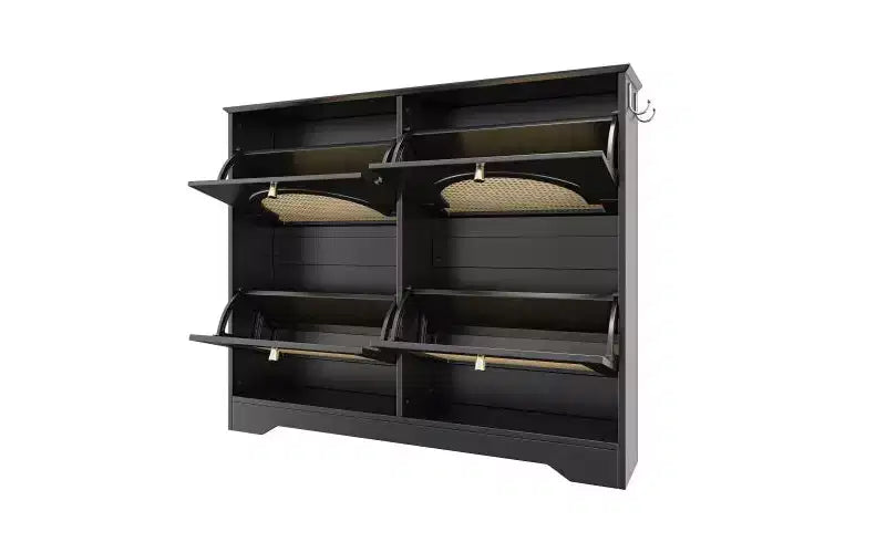 JVNOXK Scarpiera stretta mid-century con 4 cassetti a ribalta e ante in rattan, organizer per scarpe a ribalta con 2 ganci per ingresso o corridoio, colore nero