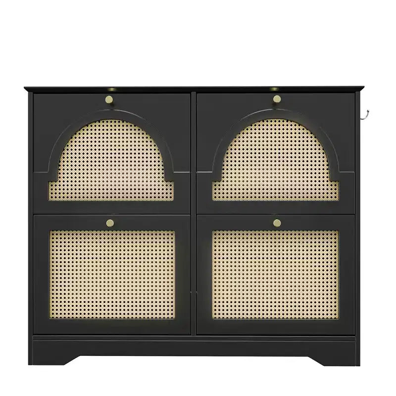 JVNOXK Scarpiera stretta mid-century con 4 cassetti a ribalta e ante in rattan, organizer per scarpe a ribalta con 2 ganci per ingresso o corridoio, colore nero