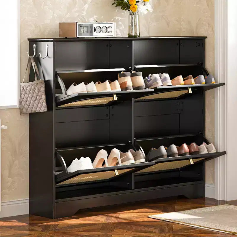 JVNOXK Scarpiera stretta mid-century con 4 cassetti a ribalta e ante in rattan, organizer per scarpe a ribalta con 2 ganci per ingresso o corridoio, colore nero