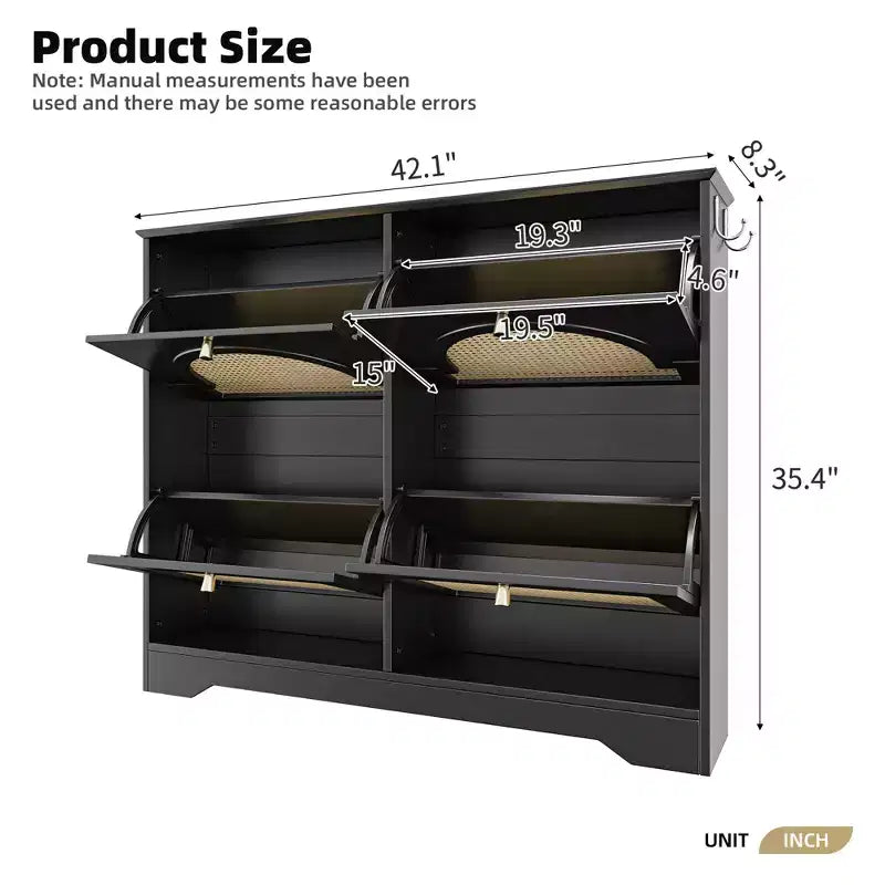 JVNOXK Scarpiera stretta mid-century con 4 cassetti a ribalta e ante in rattan, organizer per scarpe a ribalta con 2 ganci per ingresso o corridoio, colore nero