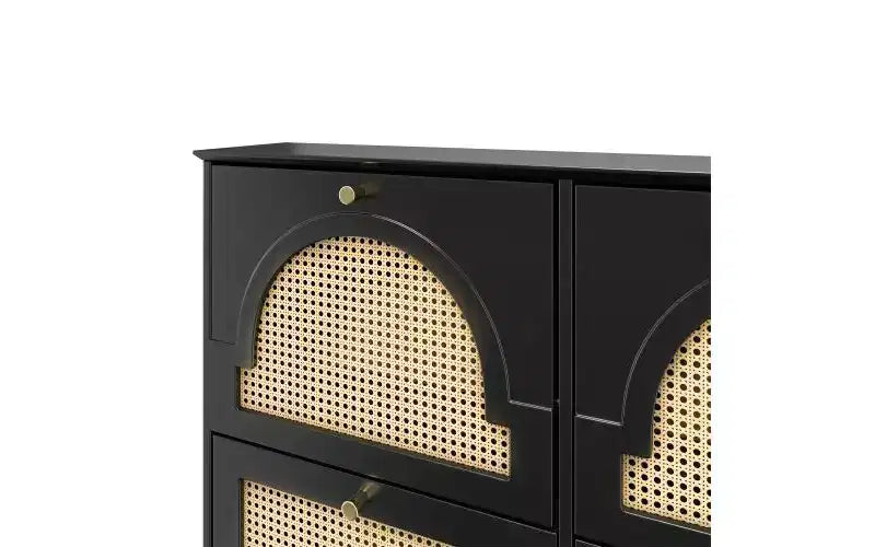 JVNOXK Scarpiera stretta mid-century con 4 cassetti a ribalta e ante in rattan, organizer per scarpe a ribalta con 2 ganci per ingresso o corridoio, colore nero