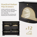 JVNOXK Scarpiera stretta mid-century con 4 cassetti a ribalta e ante in rattan, organizer per scarpe a ribalta con 2 ganci per ingresso o corridoio, colore nero