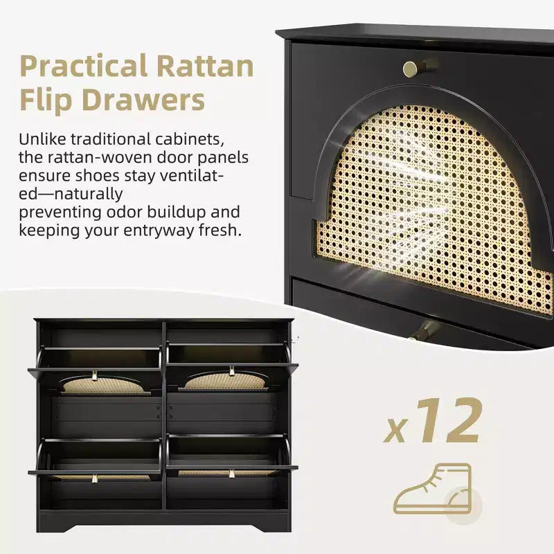 JVNOXK Scarpiera stretta mid-century con 4 cassetti a ribalta e ante in rattan, organizer per scarpe a ribalta con 2 ganci per ingresso o corridoio, colore nero