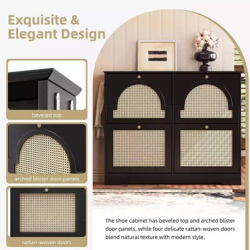 JVNOXK Scarpiera stretta mid-century con 4 cassetti a ribalta e ante in rattan, organizer per scarpe a ribalta con 2 ganci per ingresso o corridoio, colore nero