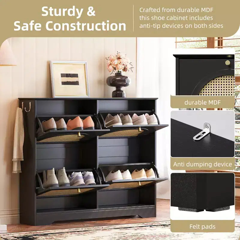 JVNOXK Scarpiera stretta mid-century con 4 cassetti a ribalta e ante in rattan, organizer per scarpe a ribalta con 2 ganci per ingresso o corridoio, colore nero