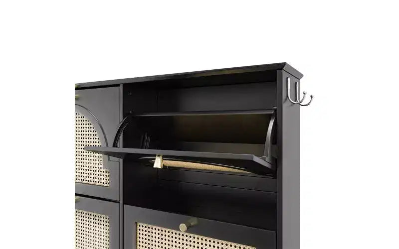 JVNOXK Scarpiera stretta mid-century con 4 cassetti a ribalta e ante in rattan, organizer per scarpe a ribalta con 2 ganci per ingresso o corridoio, colore nero