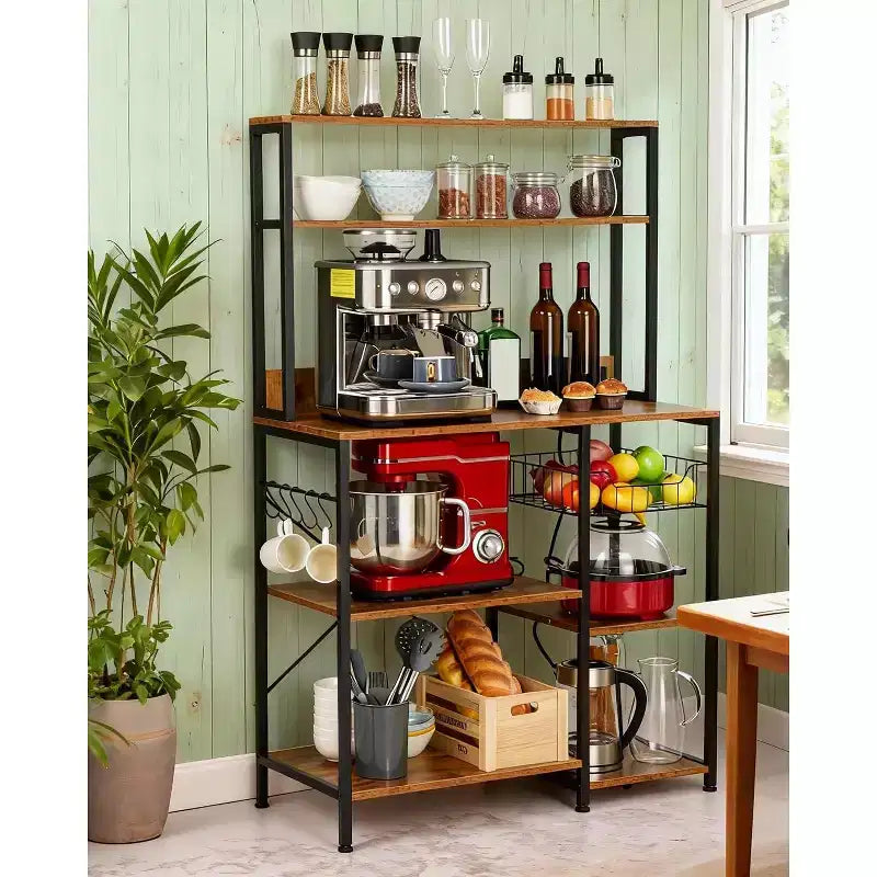 Scaffale da Cucina per Forno a Microonde con Presa di Corrente, Scaffale a 4 Ripiani con Ante e 6 Ganci a S per Spezie, Pentole