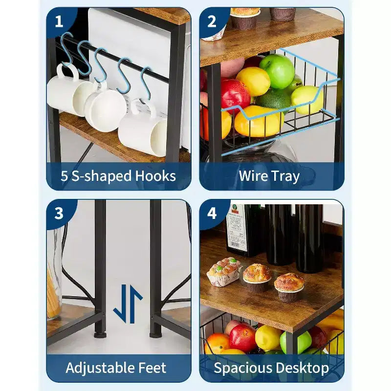 Scaffale da Cucina per Forno a Microonde con Presa di Corrente, Scaffale a 4 Ripiani con Ante e 6 Ganci a S per Spezie, Pentole