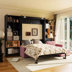 Whisen Queen Murphy Bed Frame with Gray Sofa, Storage Shelves & Cabinets