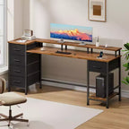 Scrivania da computer marrone da 61 pollici con stazione di ricarica, scrivania da gaming con luci LED, reversibile, 5 cassetti in tessuto, tavolo da scrittura per ufficio domestico, contenitore per studio