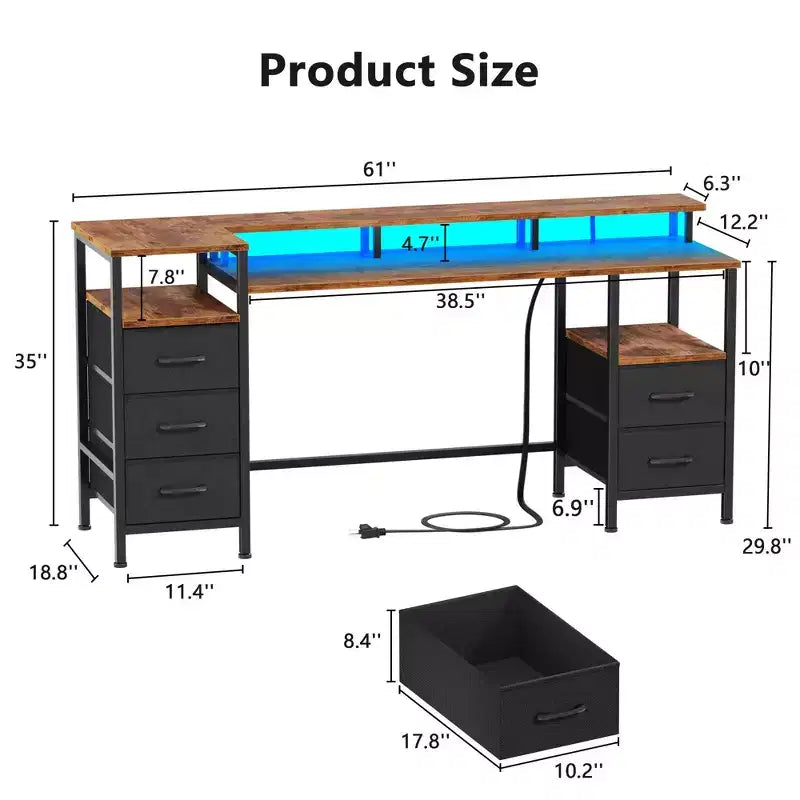 Scrivania da computer marrone da 61 pollici con stazione di ricarica, scrivania da gaming con luci LED, reversibile, 5 cassetti in tessuto, tavolo da scrittura per ufficio domestico, contenitore per studio