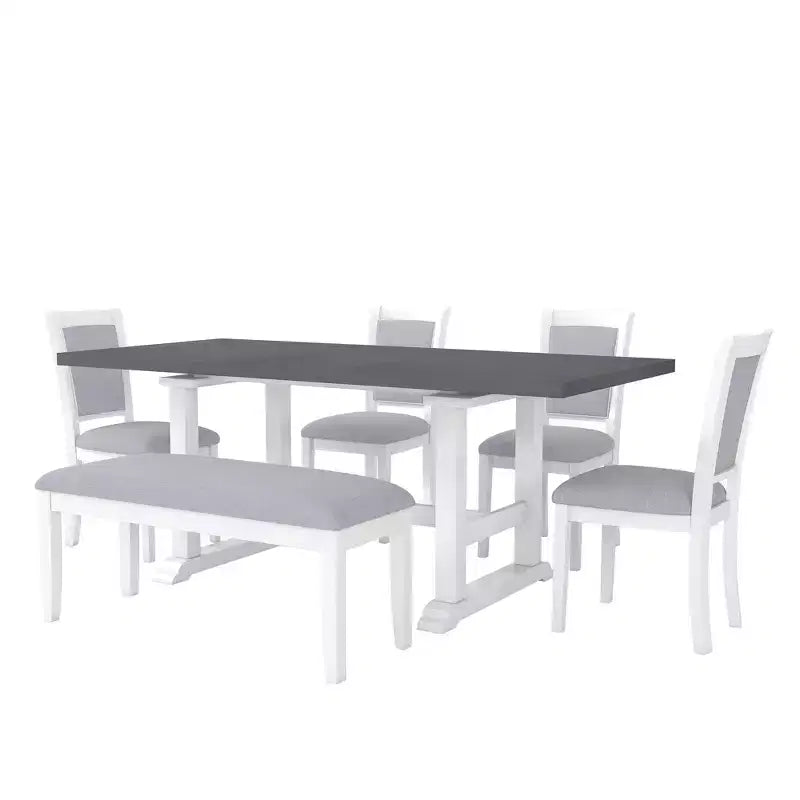 Whisen Set da Pranzo Rustico Allungabile 6 Pezzi, Tavolo da Pranzo a Cavalletto da 76,9 Pollici e 4 Sedie da Pranzo Imbottite, 1 Panca